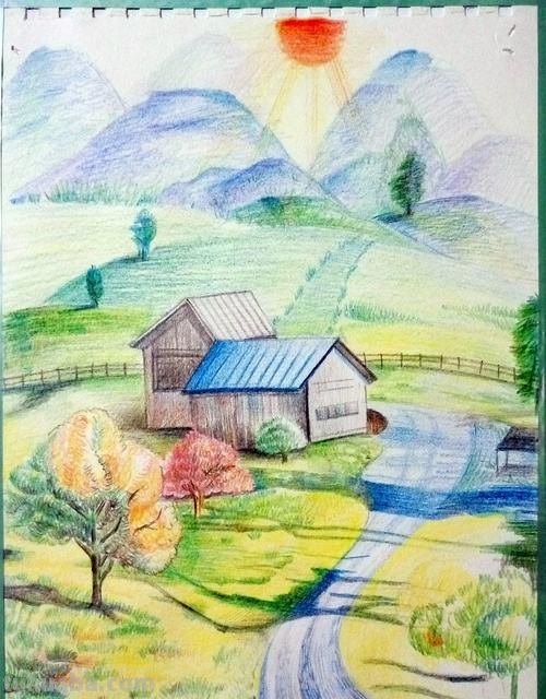 怎么画简单风景画彩铅 怎样用彩铅画有山又有水的画？