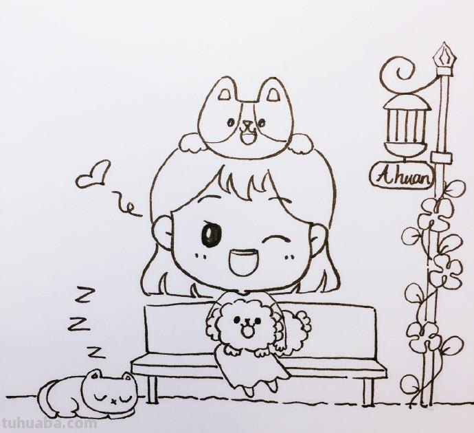 彩铅上色简笔画 小姑娘和小狗狗