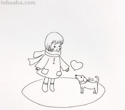 彩铅上色简笔画 小姑娘和小狗狗