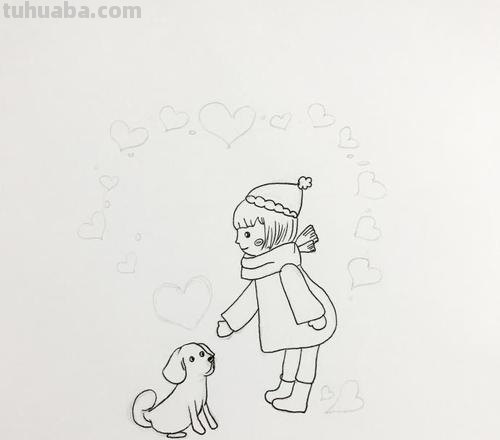 彩铅上色简笔画 小姑娘和小狗狗