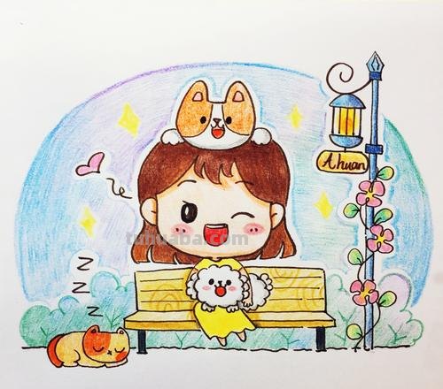 彩铅上色简笔画 小姑娘和小狗狗