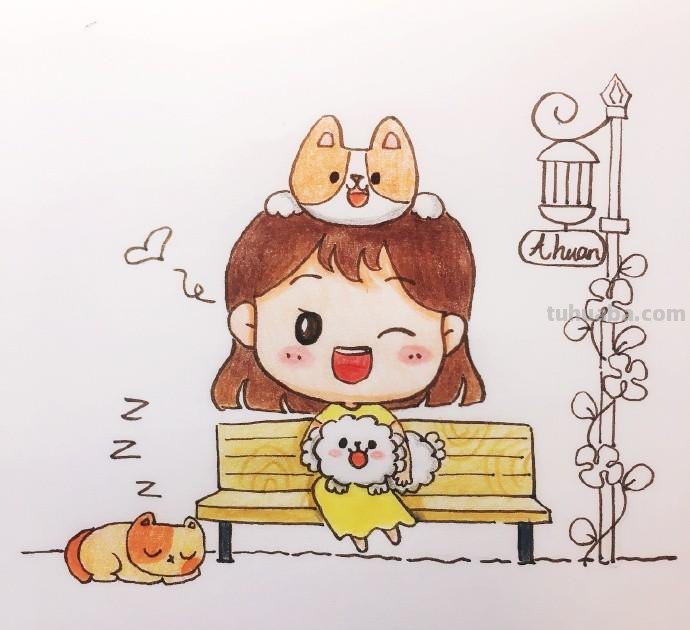 彩铅上色简笔画 小姑娘和小狗狗