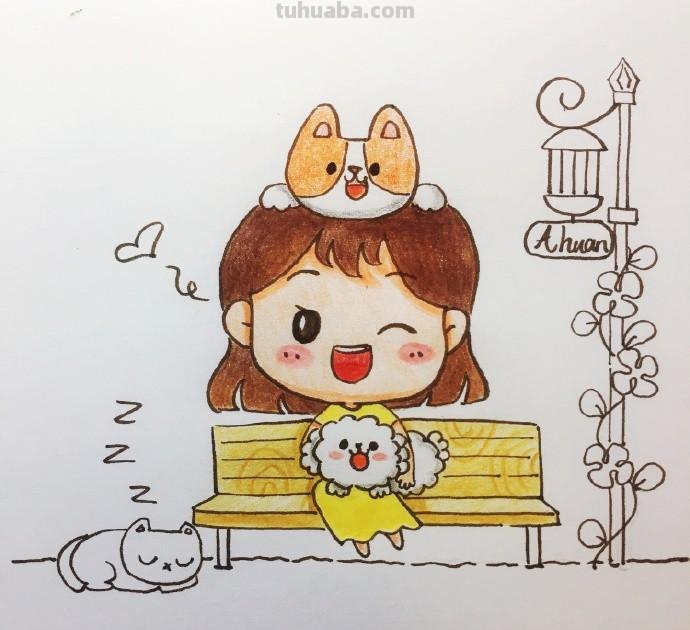 彩铅上色简笔画 小姑娘和小狗狗