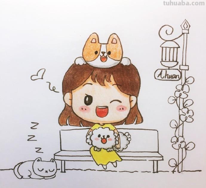 彩铅上色简笔画 小姑娘和小狗狗