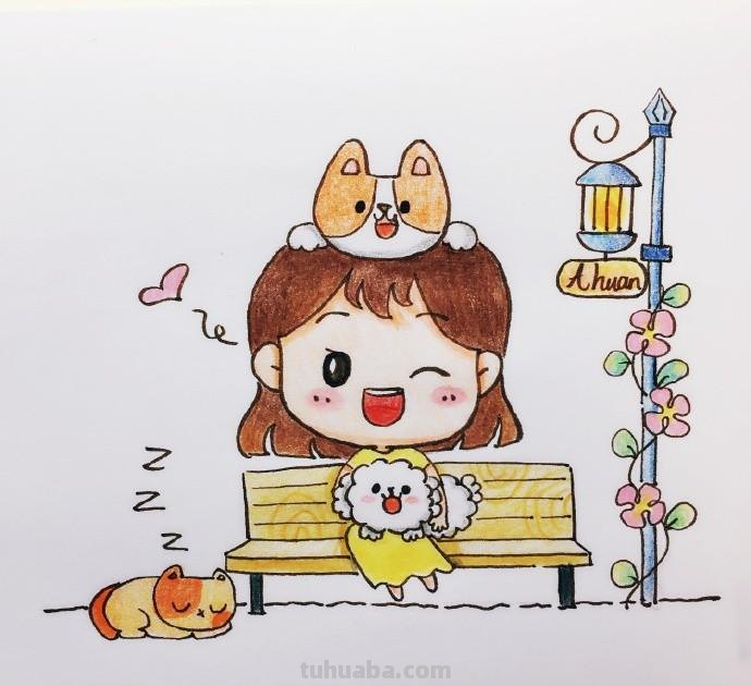 彩铅上色简笔画 小姑娘和小狗狗