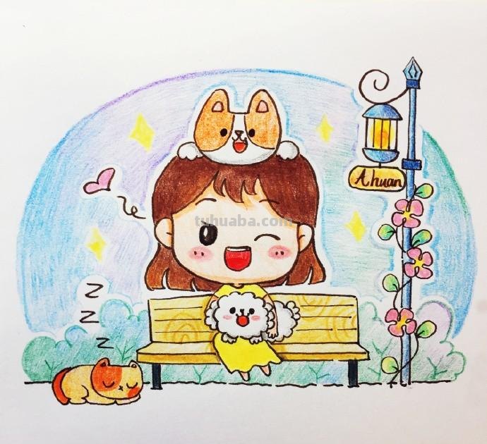彩铅上色简笔画 小姑娘和小狗狗
