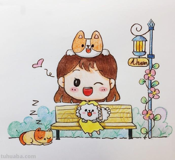 彩铅上色简笔画 小姑娘和小狗狗