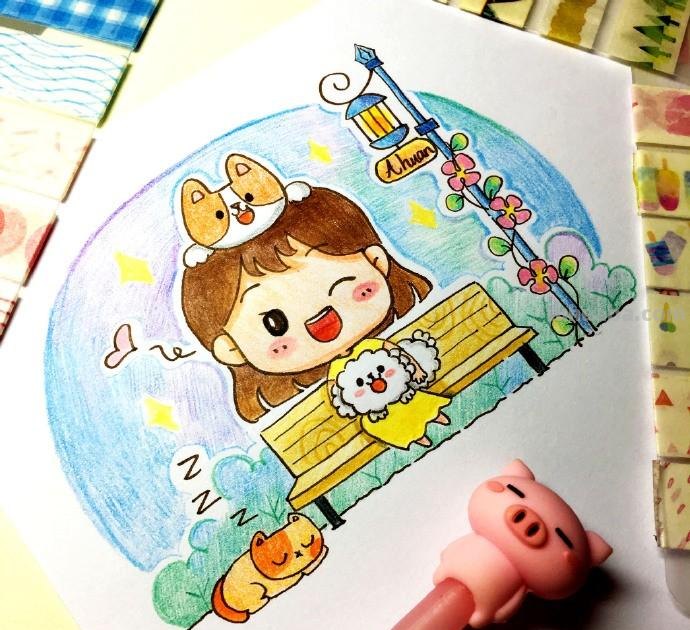 彩铅上色简笔画 小姑娘和小狗狗