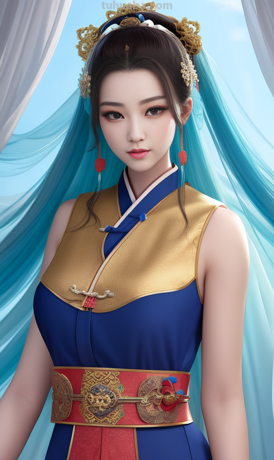 AI绘画国风美女青蓝色服饰第6组，可以作为现代汉服设计的思路哦