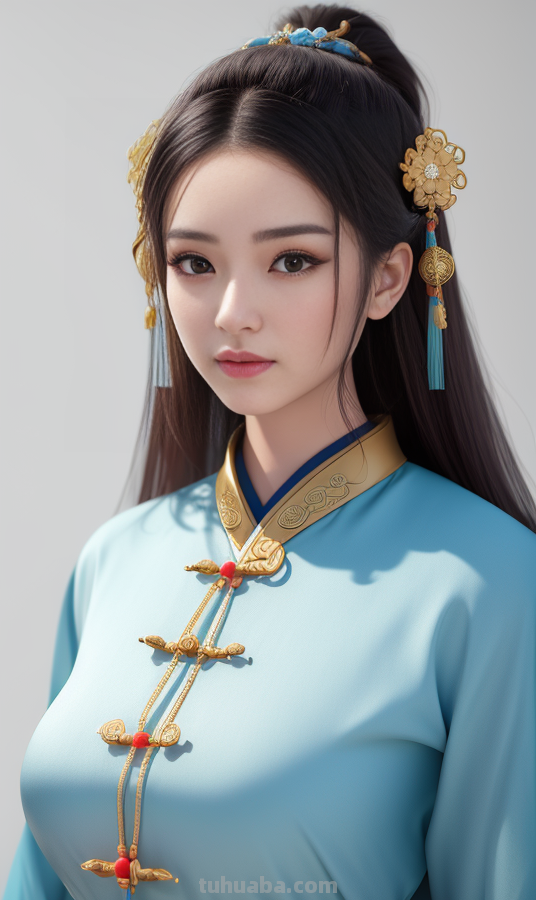 AI绘画国风美女青蓝色服饰第6组，可以作为现代汉服设计的思路哦