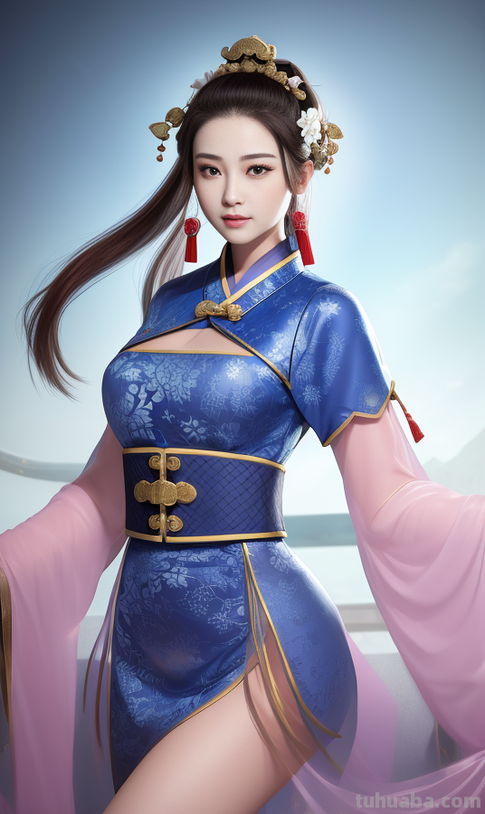 AI绘画国风美女青蓝色服饰第6组，可以作为现代汉服设计的思路哦