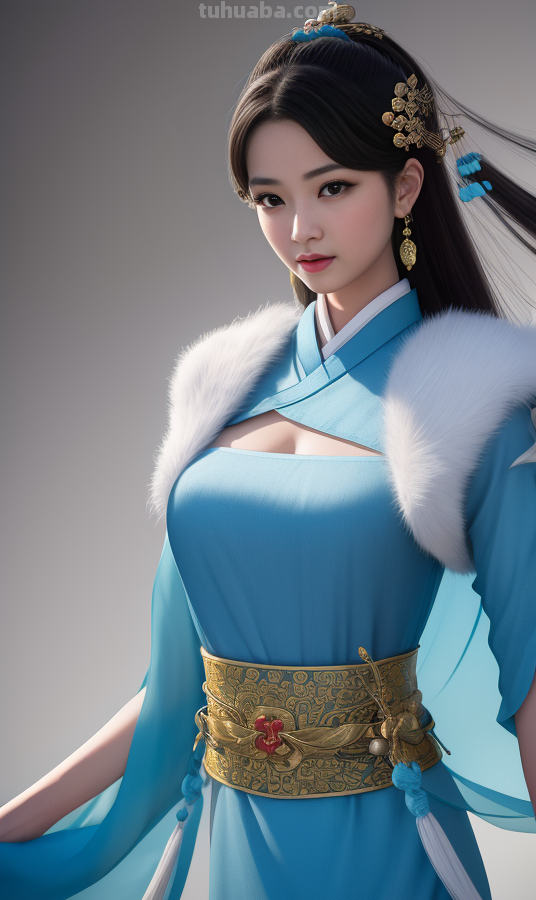 AI绘画国风美女青蓝色服饰第6组，可以作为现代汉服设计的思路哦