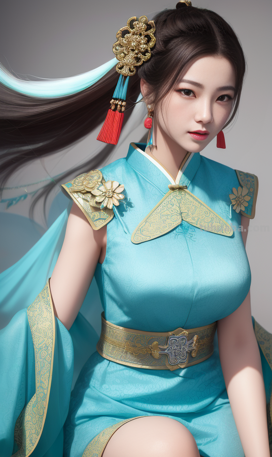 AI绘画国风美女青蓝色服饰第6组，可以作为现代汉服设计的思路哦