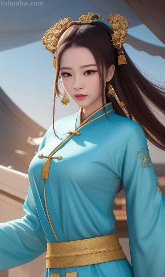 AI绘画国风美女青蓝色服饰第6组，可以作为现代汉服设计的思路哦