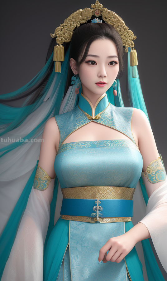 AI绘画国风美女青蓝色服饰第6组，可以作为现代汉服设计的思路哦