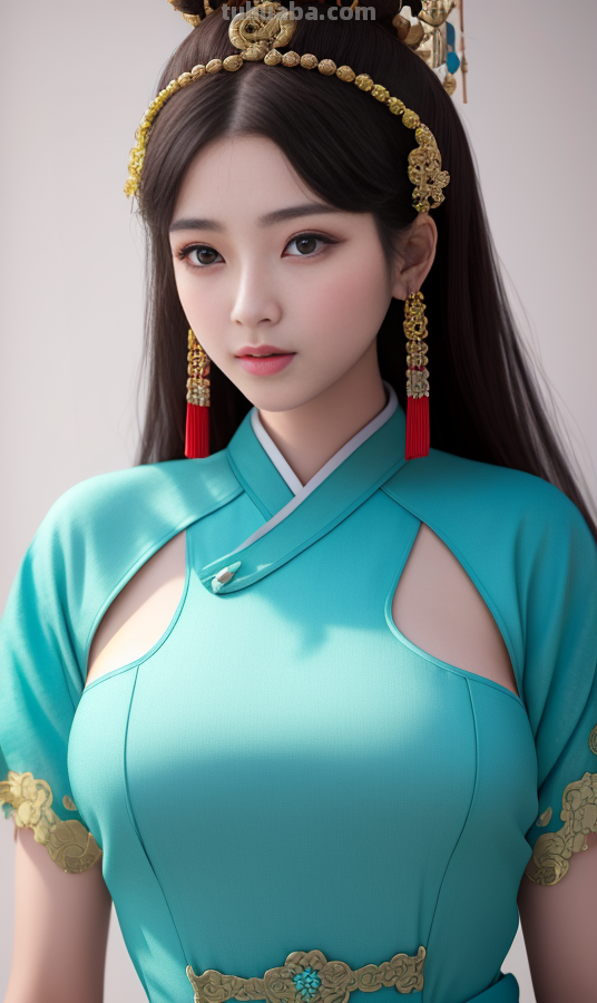 AI绘画国风美女青蓝色服饰第6组，可以作为现代汉服设计的思路哦