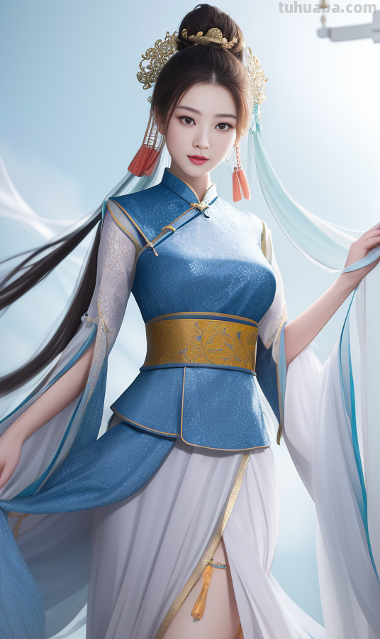 AI绘画国风美女青蓝色服饰第6组，可以作为现代汉服设计的思路哦