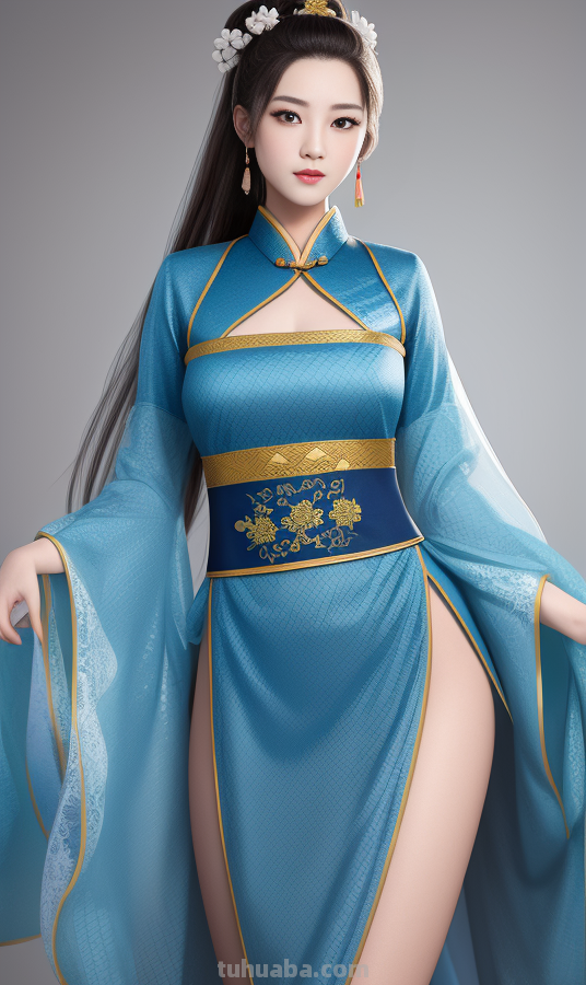 AI绘画国风美女青蓝色服饰第6组，可以作为现代汉服设计的思路哦