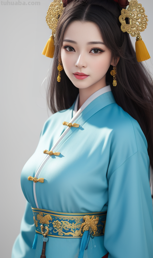 AI绘画国风美女青蓝色服饰第6组，可以作为现代汉服设计的思路哦