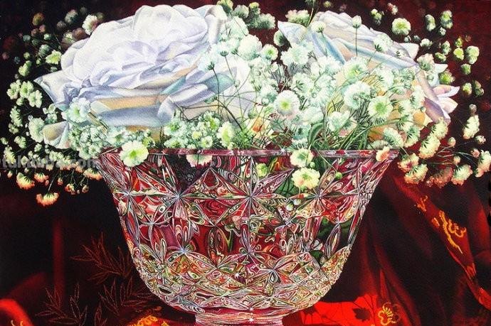 花与水晶玻璃杯的绚丽 / 美国女画家沃伦唯美静物水彩画欣赏