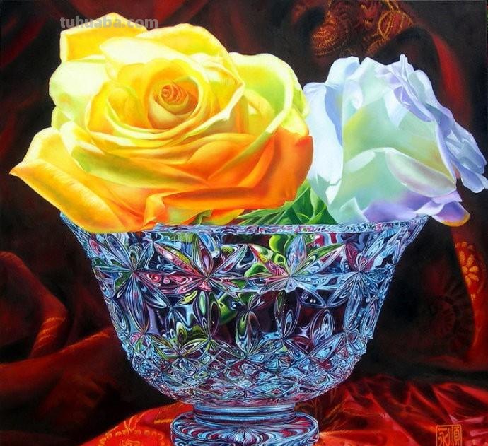 花与水晶玻璃杯的绚丽 / 美国女画家沃伦唯美静物水彩画欣赏