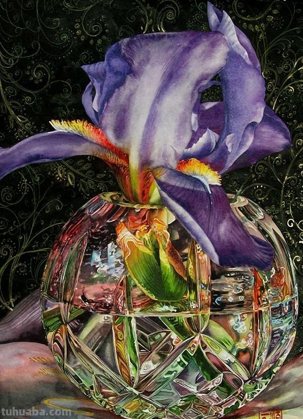 花与水晶玻璃杯的绚丽 / 美国女画家沃伦唯美静物水彩画欣赏