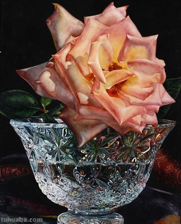花与水晶玻璃杯的绚丽 / 美国女画家沃伦唯美静物水彩画欣赏