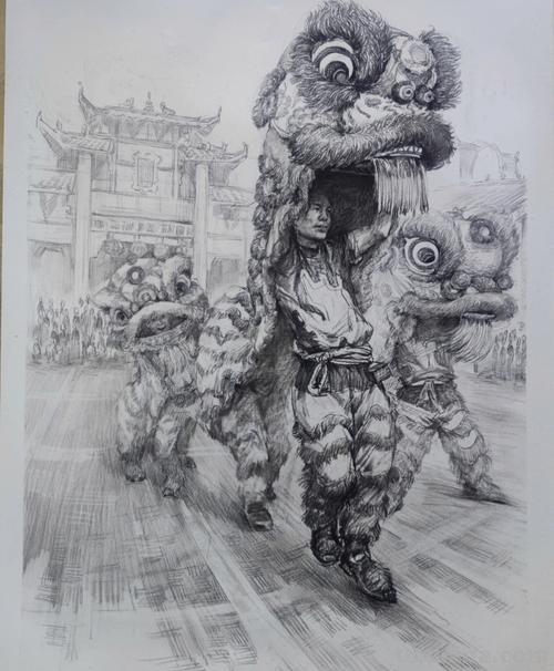 舞狮人物速写 舞狮素描?