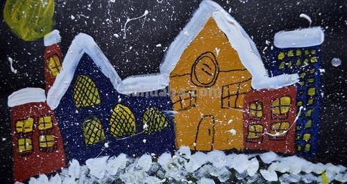 雪夜儿童画 雪夜绘画