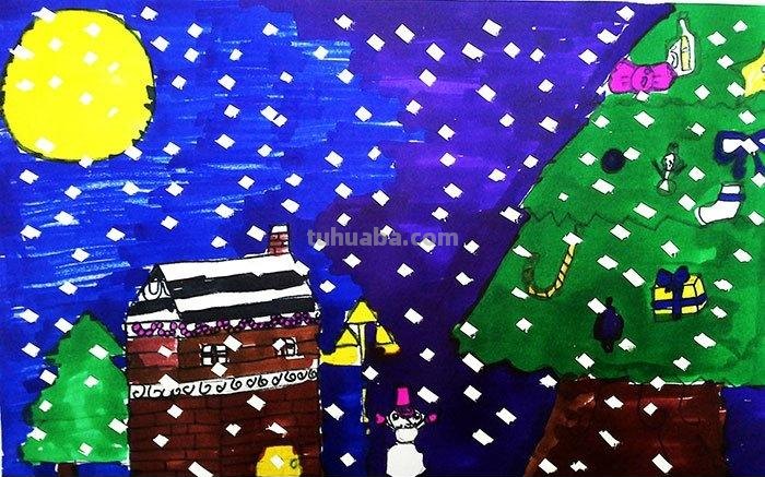 雪夜儿童画 雪夜绘画
