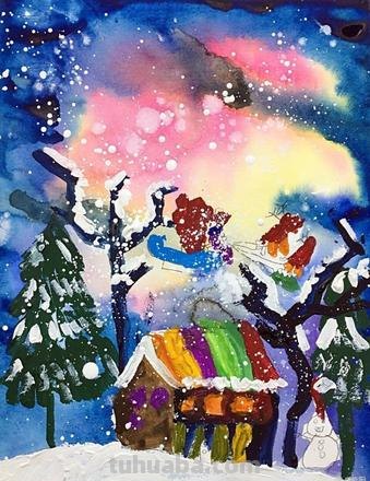 雪夜儿童画 雪夜绘画