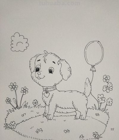 狗狗彩铅简笔画:春日草地，萌犬与气球的治愈时光 - 图画吧TUHUABA