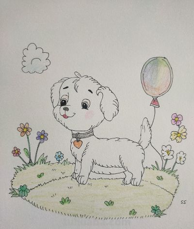 狗狗彩铅简笔画:春日草地，萌犬与气球的治愈时光 - 图画吧TUHUABA