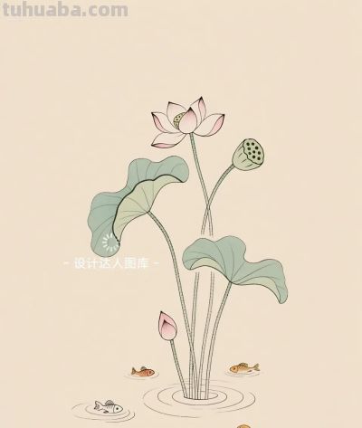简约插画｜简笔画｜荷池里的小鱼 - 图画吧TUHUABA