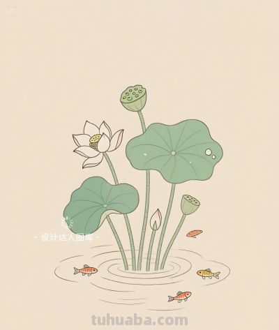 简约插画｜简笔画｜荷池里的小鱼 - 图画吧TUHUABA