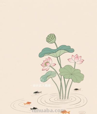 简约插画｜简笔画｜荷池里的小鱼 - 图画吧TUHUABA