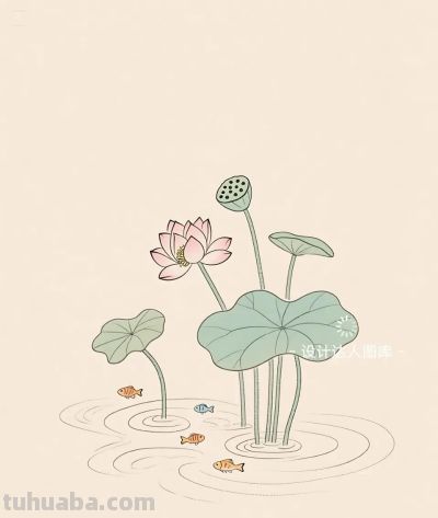 简约插画｜简笔画｜荷池里的小鱼 - 图画吧TUHUABA