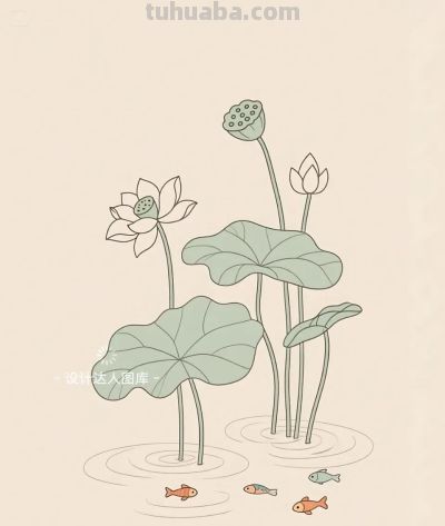 简约插画｜简笔画｜荷池里的小鱼 - 图画吧TUHUABA
