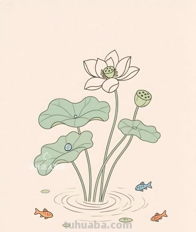 简约插画｜简笔画｜荷池里的小鱼 - 图画吧TUHUABA