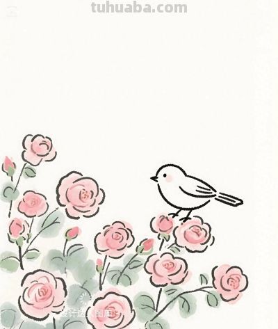 简笔画｜简约插画｜蔷薇花开和小鸟