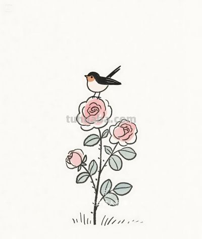 简笔画｜简约插画｜蔷薇花开和小鸟 - 图画吧TUHUABA