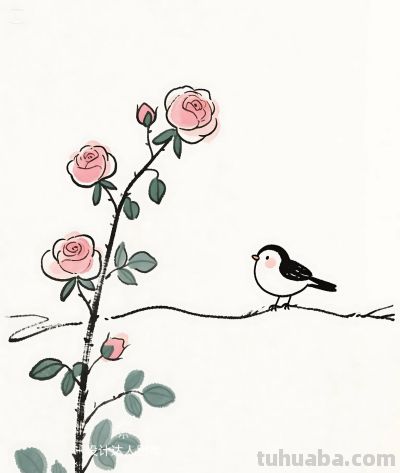 简笔画｜简约插画｜蔷薇花开和小鸟 - 图画吧TUHUABA
