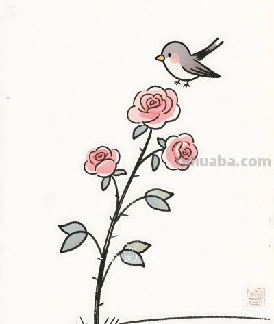 简笔画｜简约插画｜蔷薇花开和小鸟 - 图画吧TUHUABA