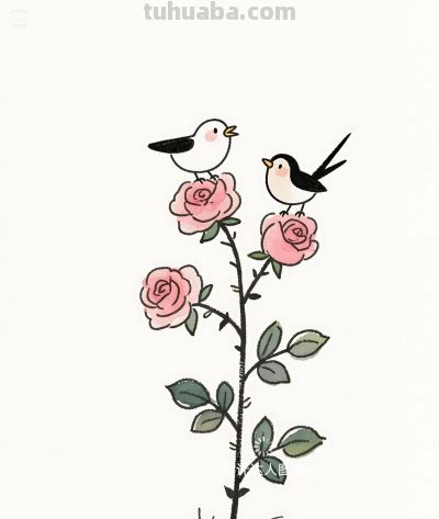 简笔画｜简约插画｜蔷薇花开和小鸟 - 图画吧TUHUABA