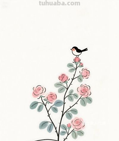 简笔画｜简约插画｜蔷薇花开和小鸟 - 图画吧TUHUABA