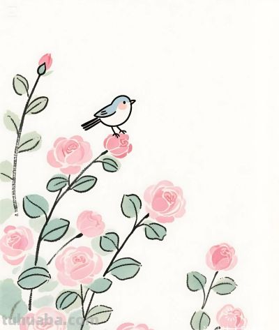 简笔画｜简约插画｜蔷薇花开和小鸟 - 图画吧TUHUABA