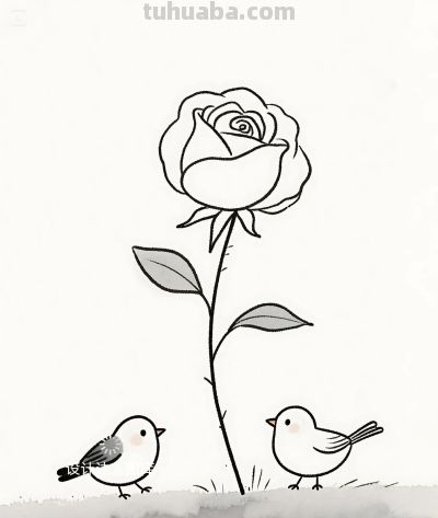 简笔画｜简约插画｜蔷薇花开和小鸟 - 图画吧TUHUABA
