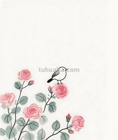 简笔画｜简约插画｜蔷薇花开和小鸟 - 图画吧TUHUABA