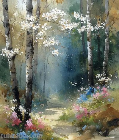 森林小径、水彩风景 - 图画吧TUHUABA