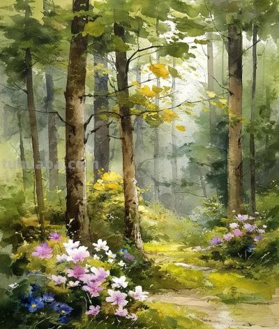 森林小径、水彩风景 - 图画吧TUHUABA